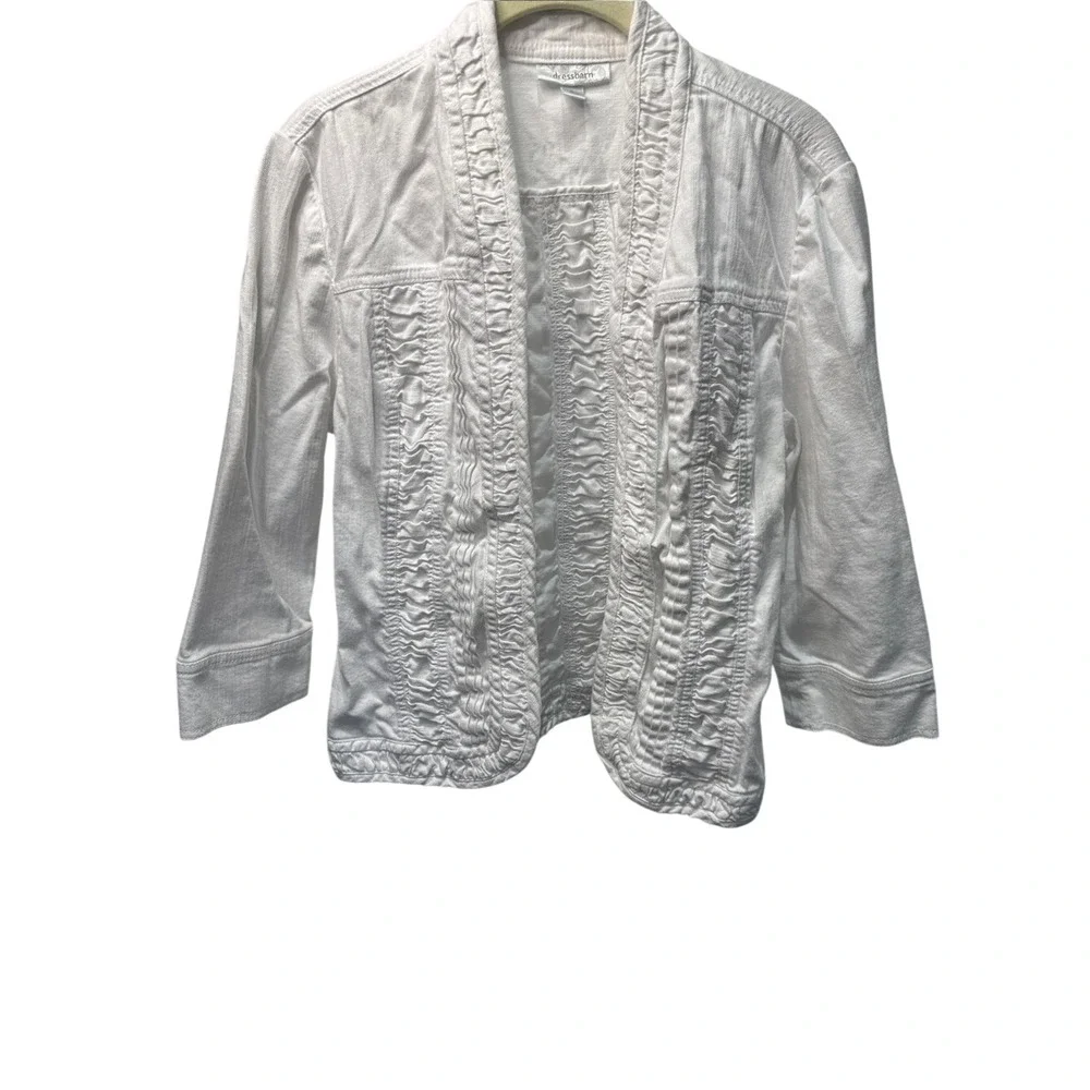 Dressbarn White‎ Ruffle Denim Jacket Hook Eye Closure 3/4 Sleeve Large